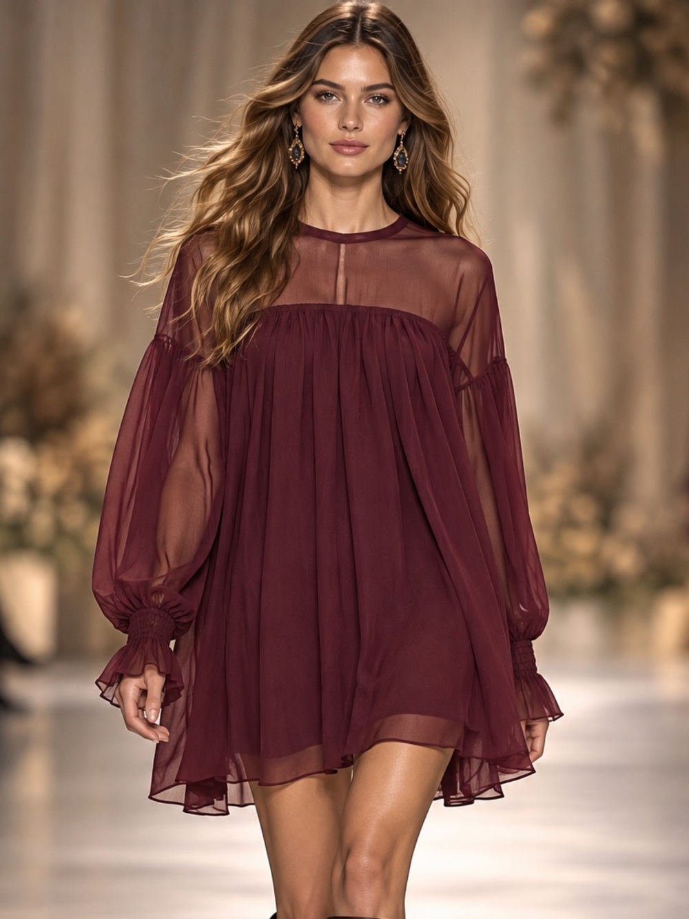 En Saison Bordeaux Chiffon Mini Dress Size L NWT Romantic Boho